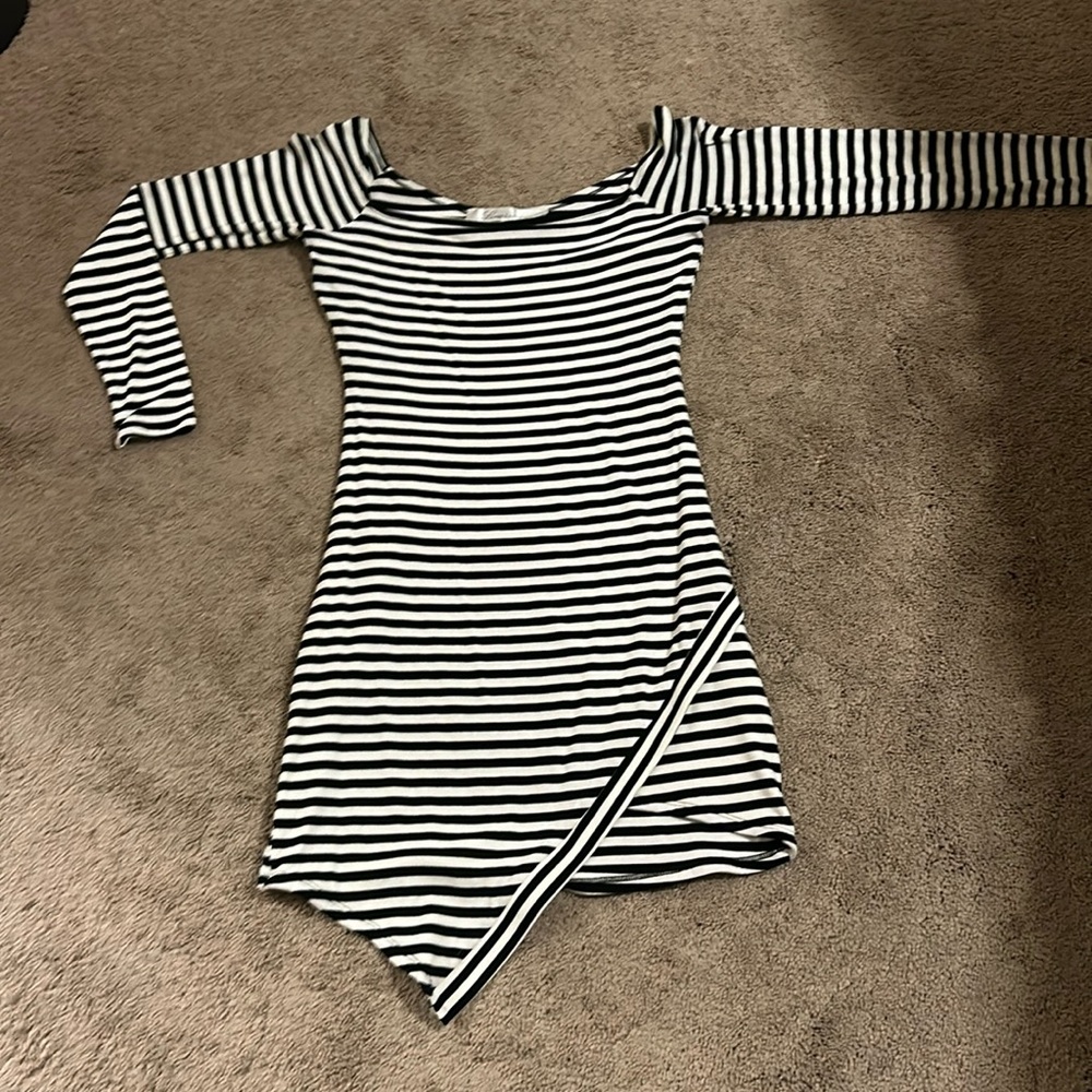 Black and white vertical striped long sleeve dress